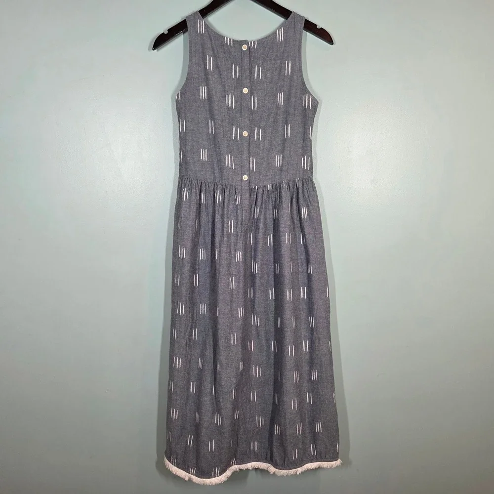Lilla P Womens XS Blue White Dash Print Cotton Maxi Dress Fringe Hem Button Back - Picture 2 of 12
